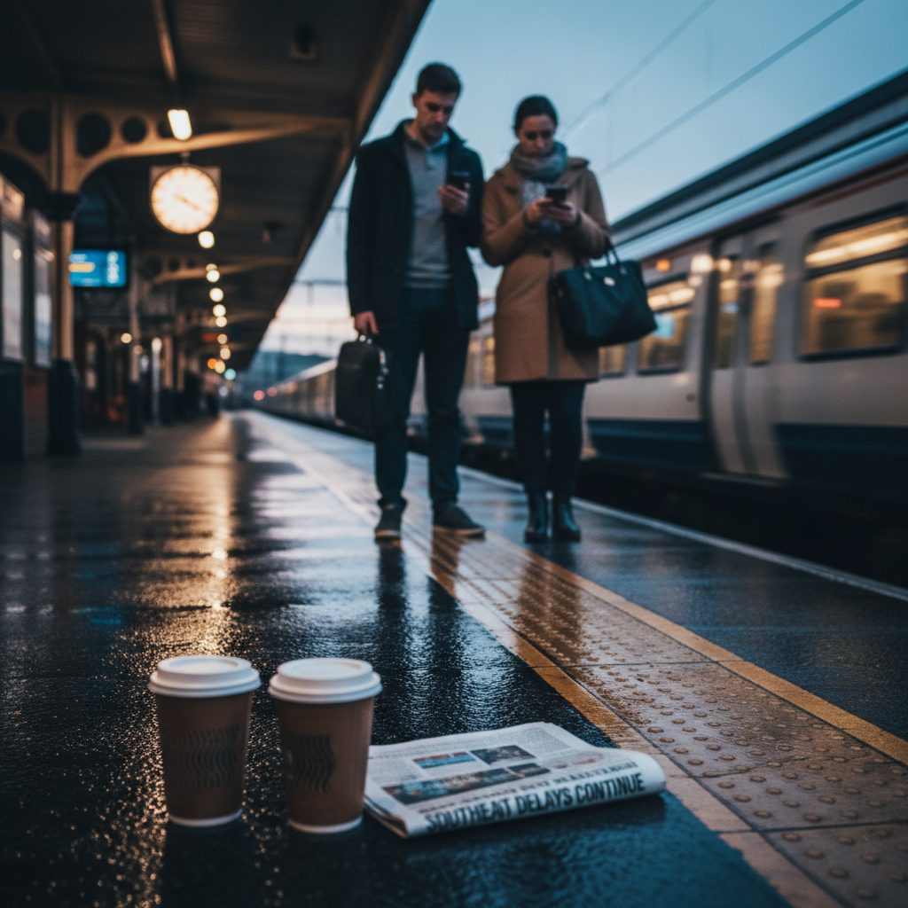Two coffee cups and a newspaper on a wet train platform, people looking at phones.