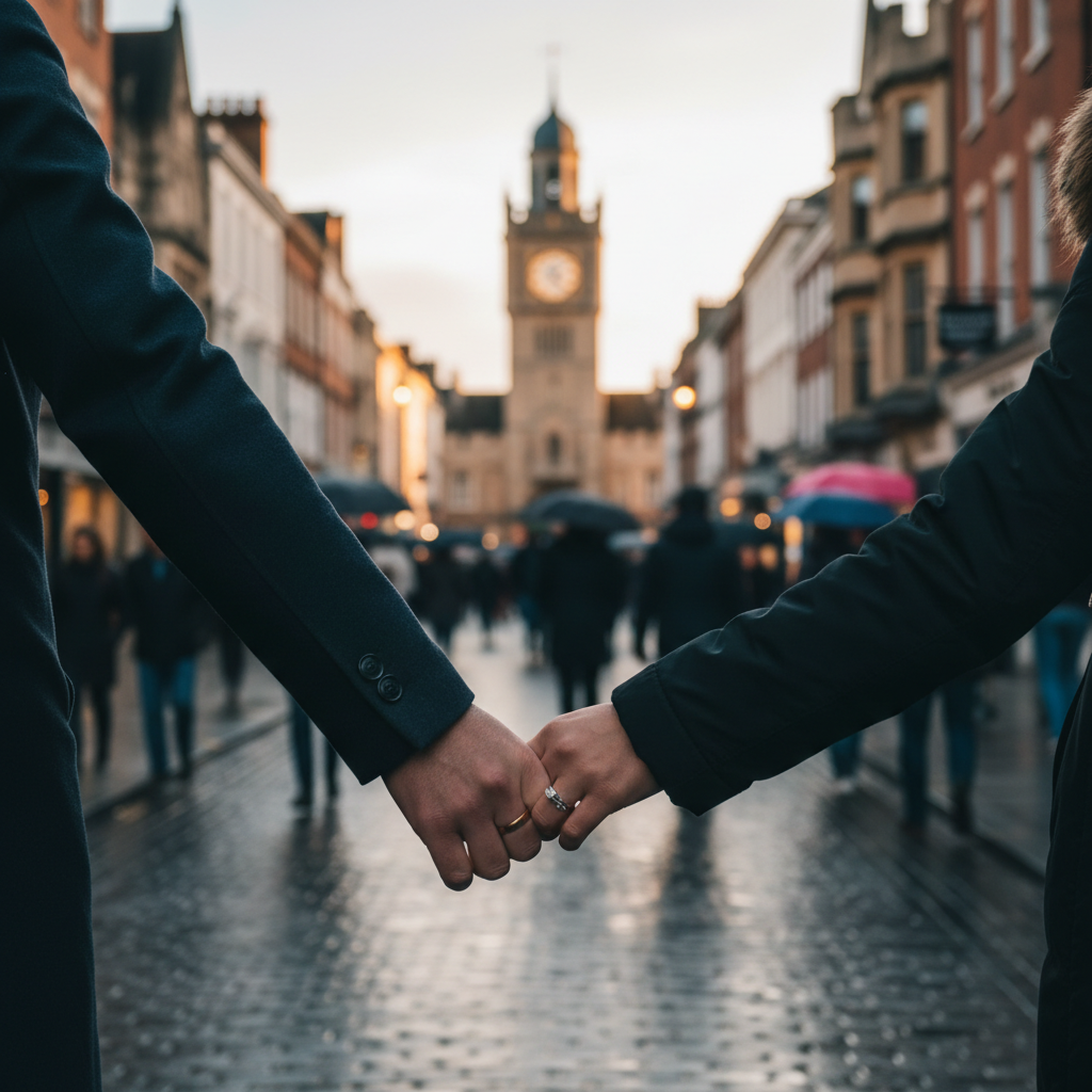 A couple holding hands while walking down a rainy street with a clock tower.