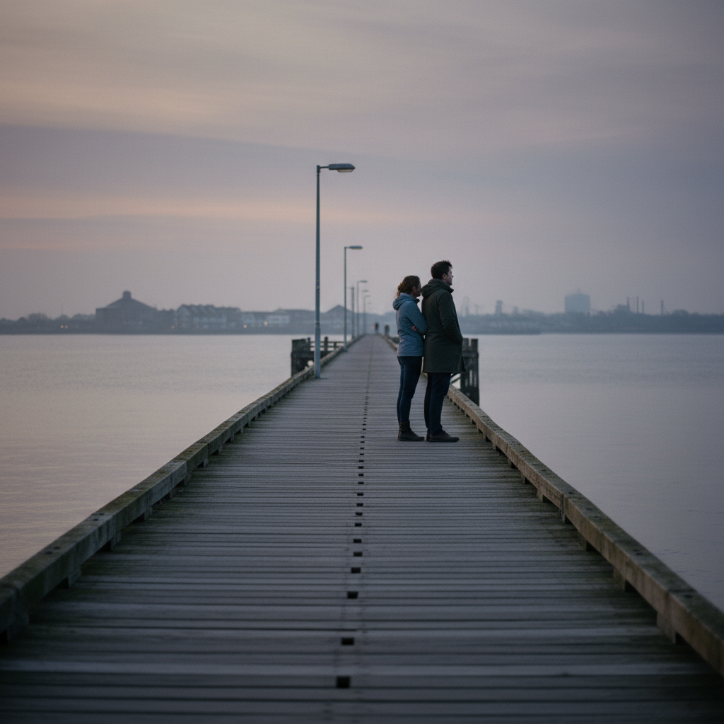 Man and woman standing on a long wooden pier looking out over the water.
