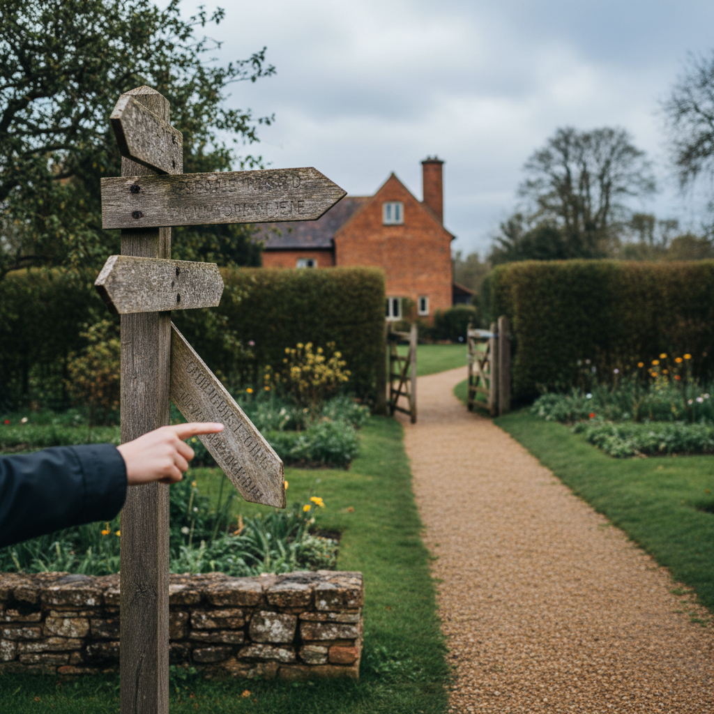 Hand pointing at a rustic wooden signpost in a beautiful English country garden.