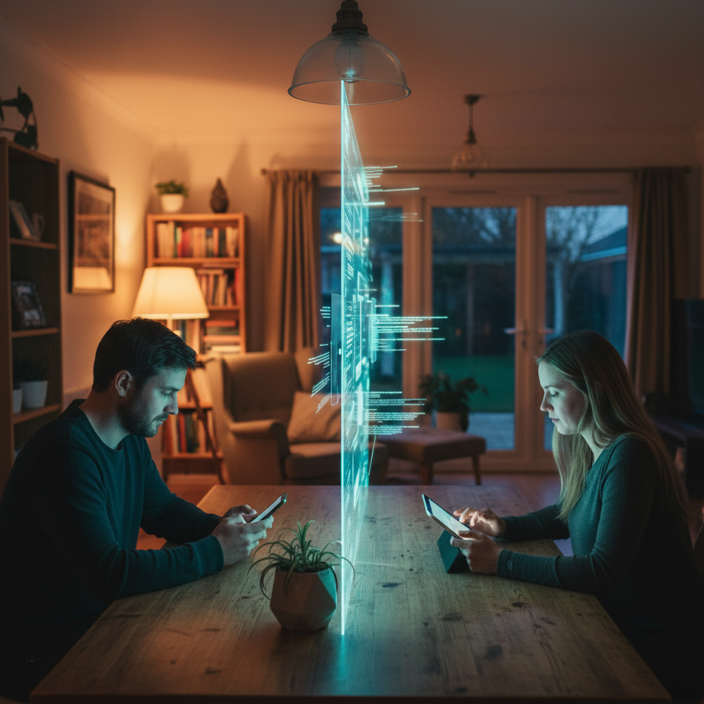 Couple using digital devices at home with data stream projection between them.