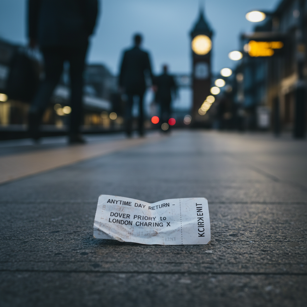Crumpled train ticket for Dover Priory to London Charing Cross on pavement, blurred people in background.