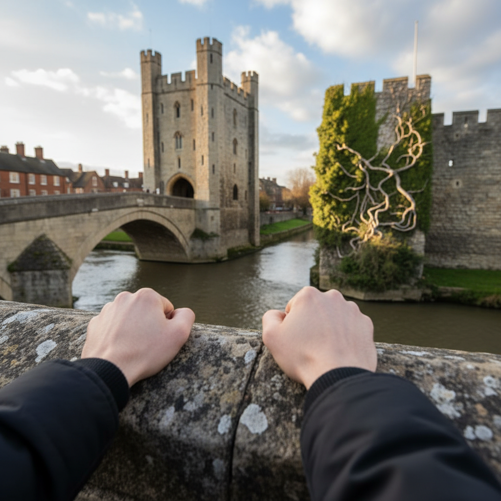 Hands gripping a stone bridge parapet, overlooking a castle, river, and arched bridge.