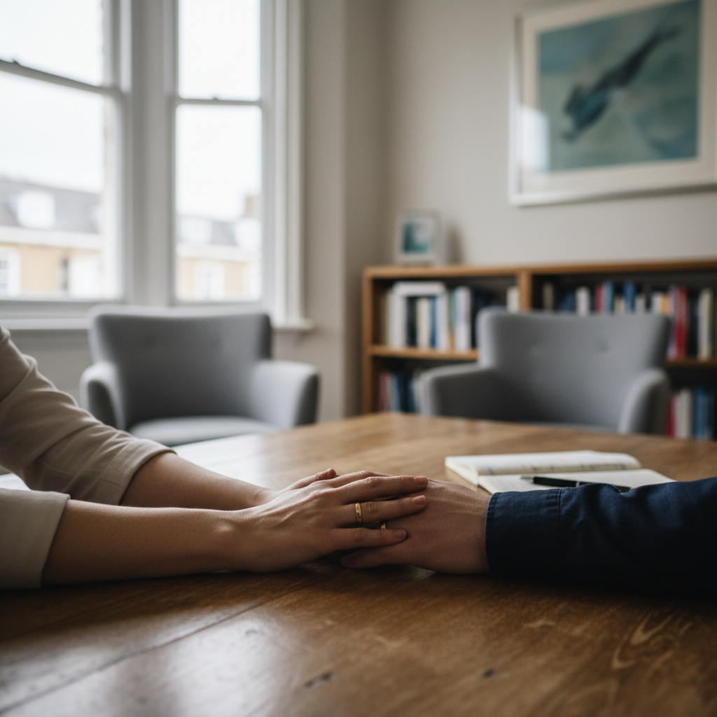 Two hands, one wearing a ring, clasped on a wooden table in a counselling room.