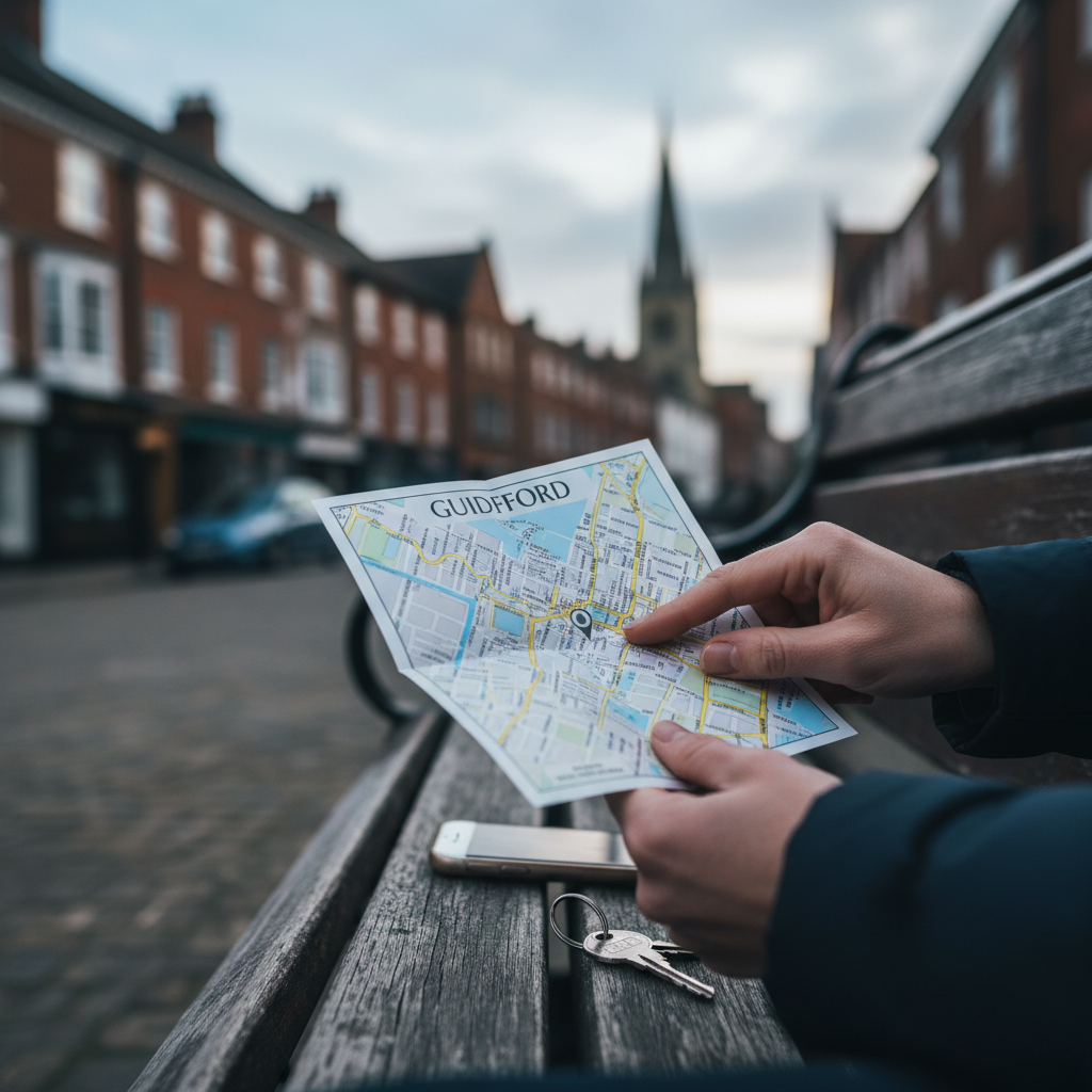 Hands pointing at Guildford map on a wooden bench with keys and phone, town in background.