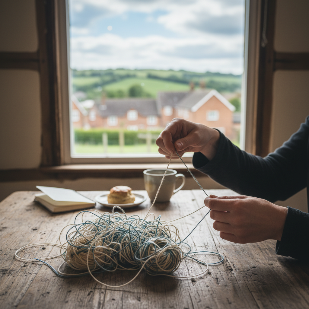 Hands winding blue and white twine on a wooden table, countryside view through window.