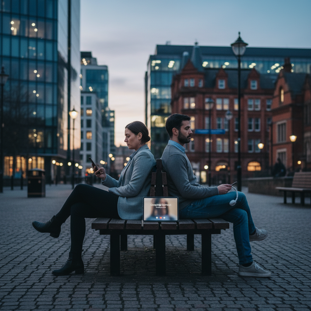 Man and woman sitting back to back on a bench, looking at devices.