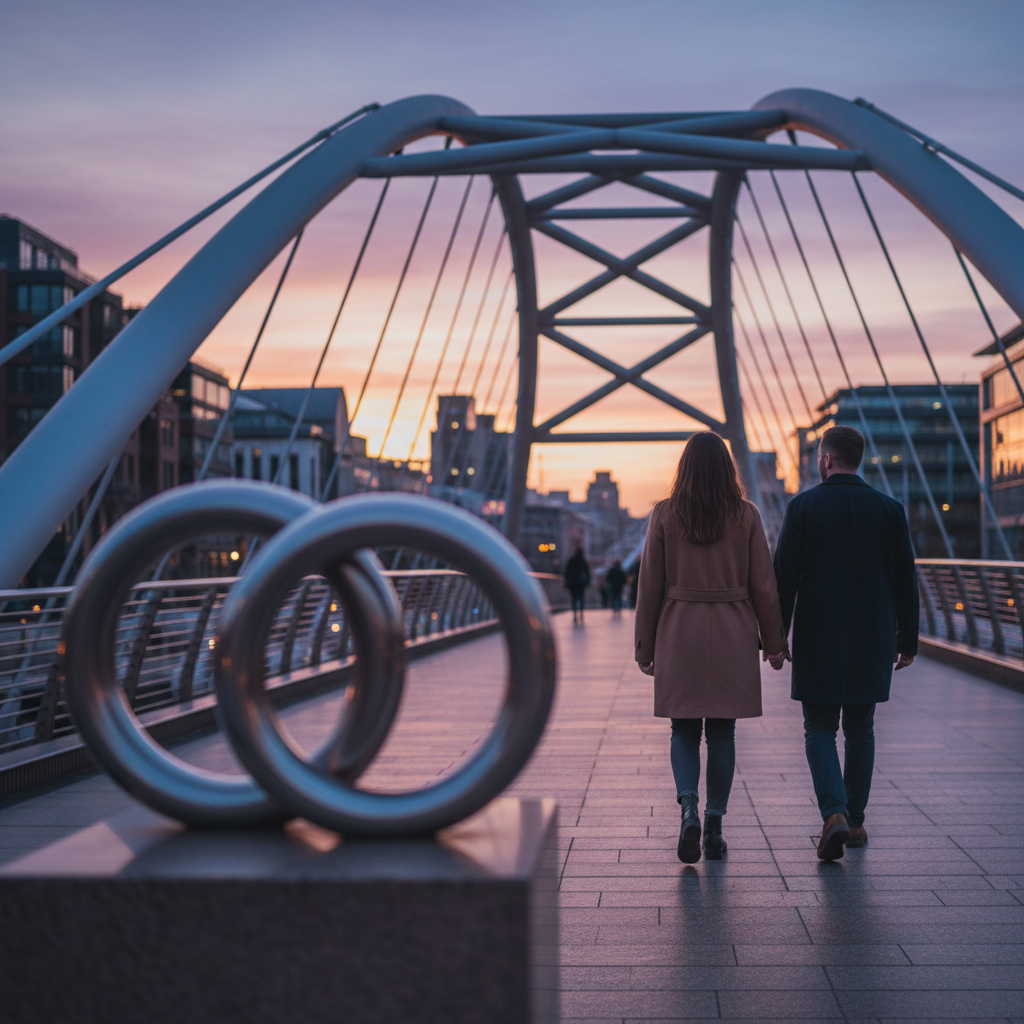 Couple holding hands walking on a modern city bridge at sunset, with ring sculpture.