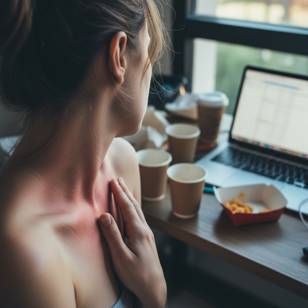 Woman with red, irritated skin on her neck and chest, sitting at a messy desk.