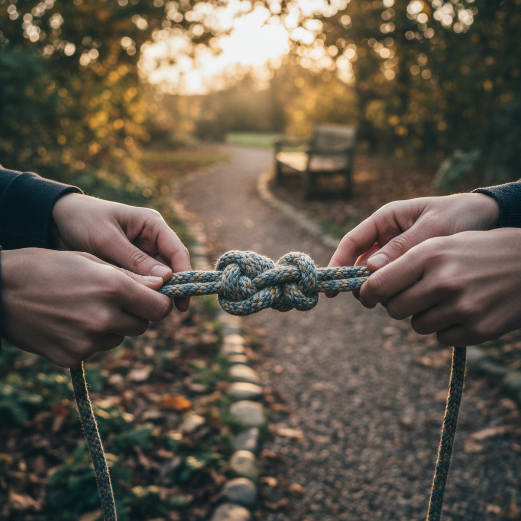 Two pairs of hands holding a knotted rope outdoors, with an autumnal path and bench.