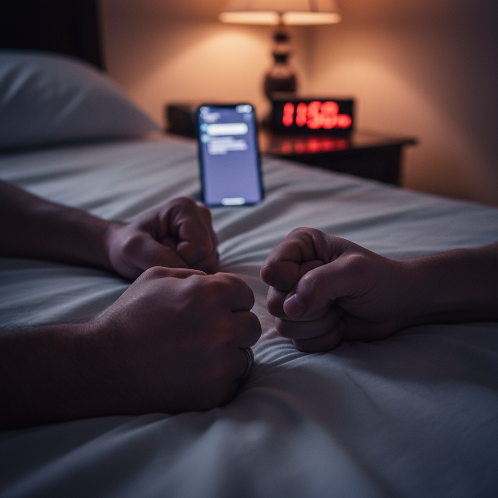 Two clenched fists on a bed, with a phone and glowing alarm clock in background.