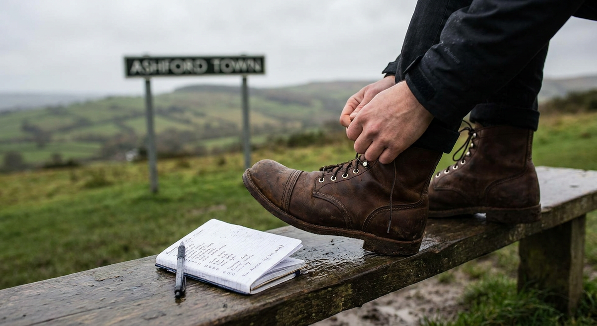 A person tying brown leather boots on a wooden bench beside an open notebook.