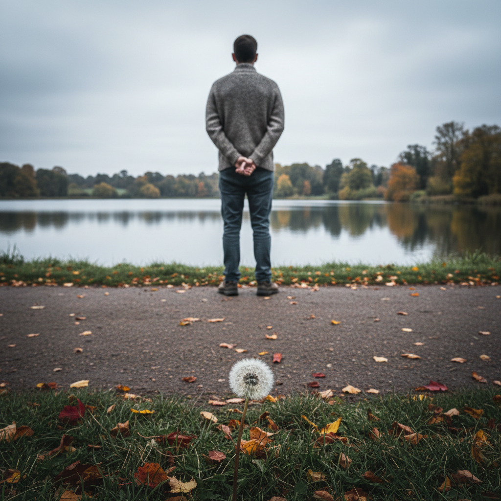 Man stands by a lake, autumn leaves on path, with a dandelion in foreground.