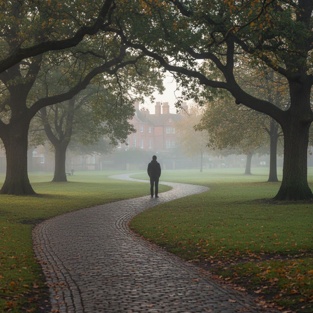 Person on winding cobblestone path in misty park with large trees and distant red brick building.
