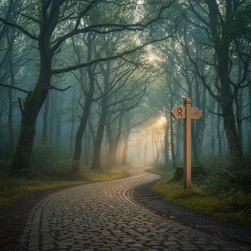 Winding cobblestone path through misty forest with directional sign and sunlight.