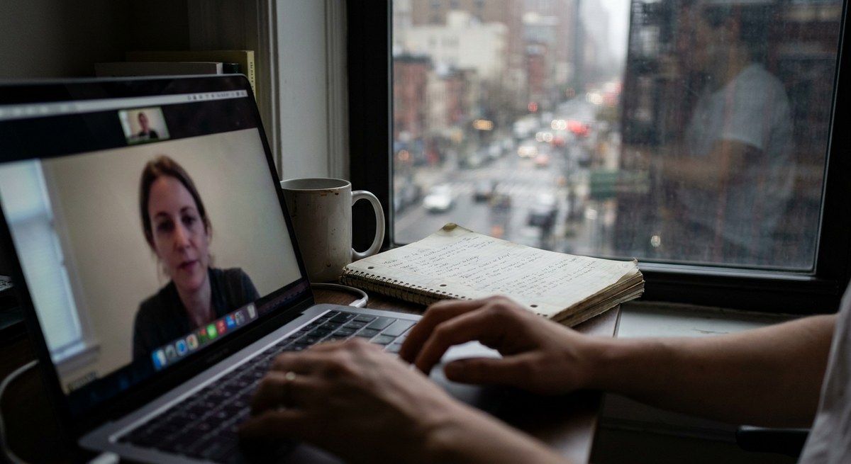 Person on a laptop video call beside a window overlooking a rainy city street.