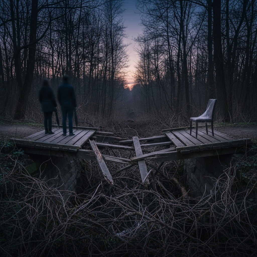 Two blurry figures and a chair on separate ends of a broken wooden bridge in a dark forest.
