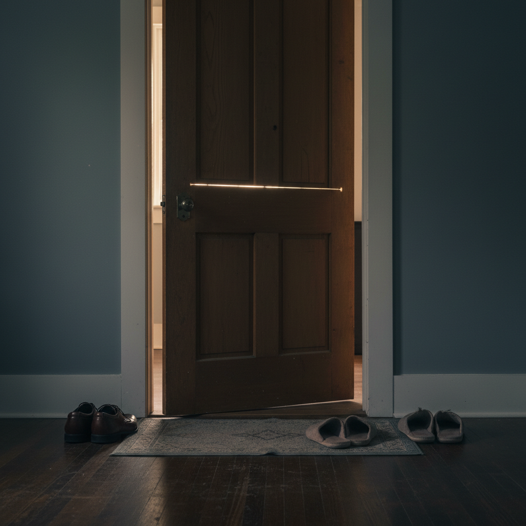 A slightly ajar wooden door with a bright light strip and shoes on a doormat.