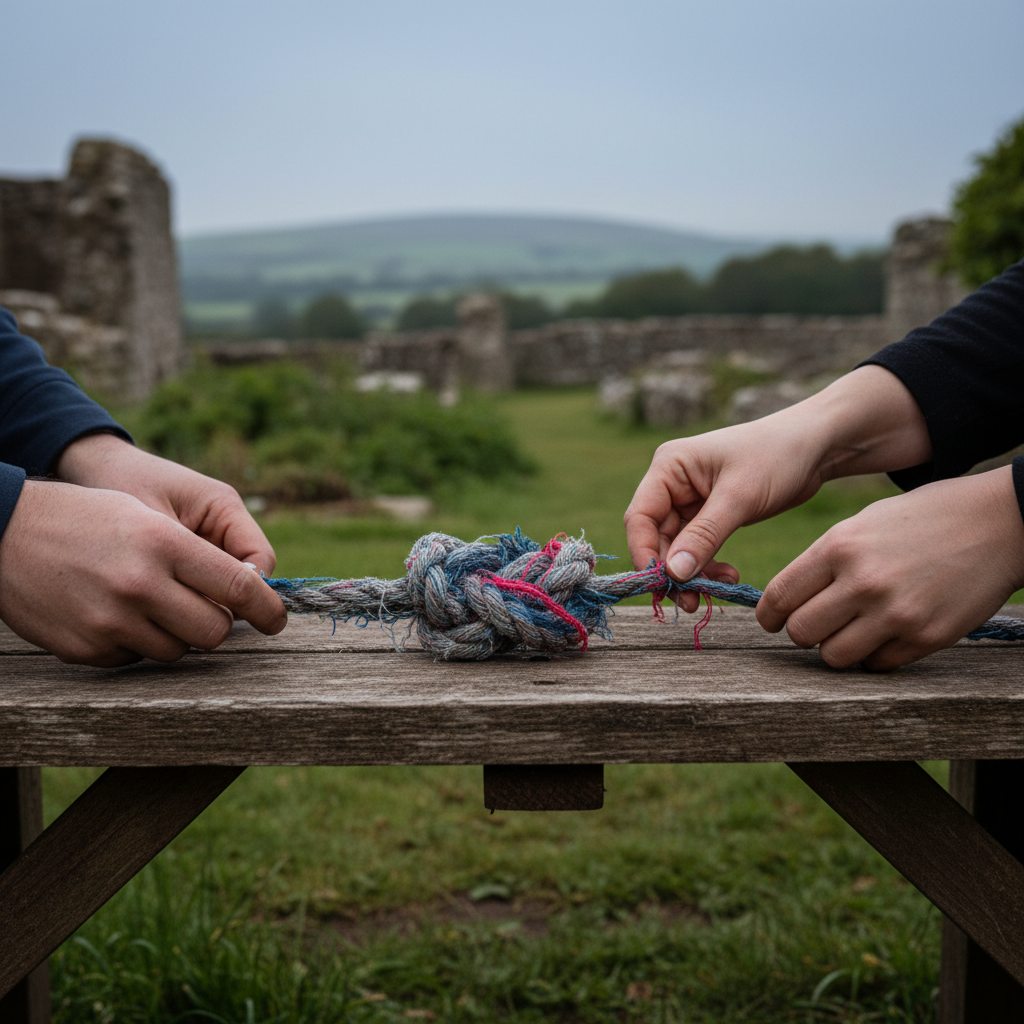 Two pairs of hands pulling a colourful knotted rope on a wooden table outdoors.