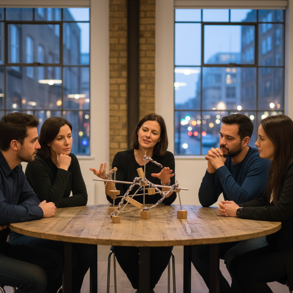 Five professionals collaborating around a table with a wooden and rope structure model.