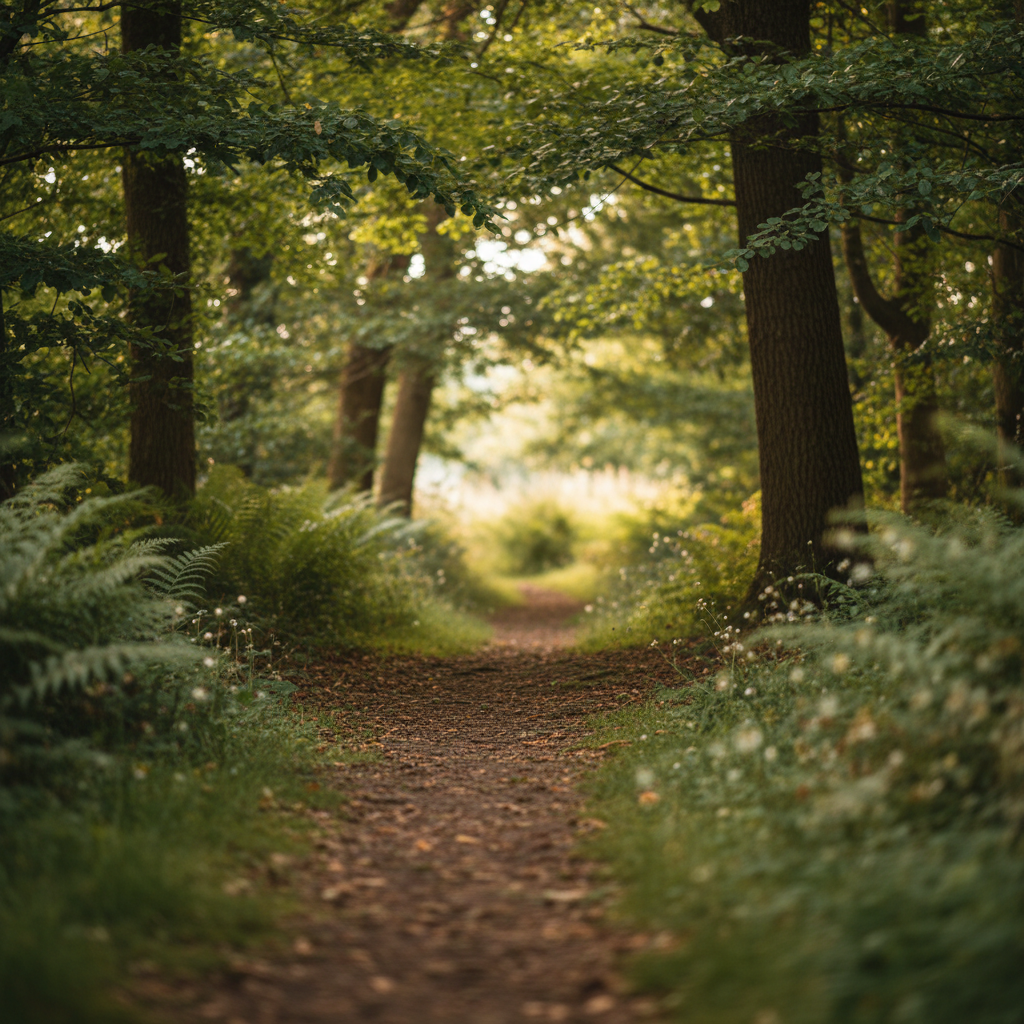 Winding dirt path through a sun-dappled woodland, bordered by ferns and trees.