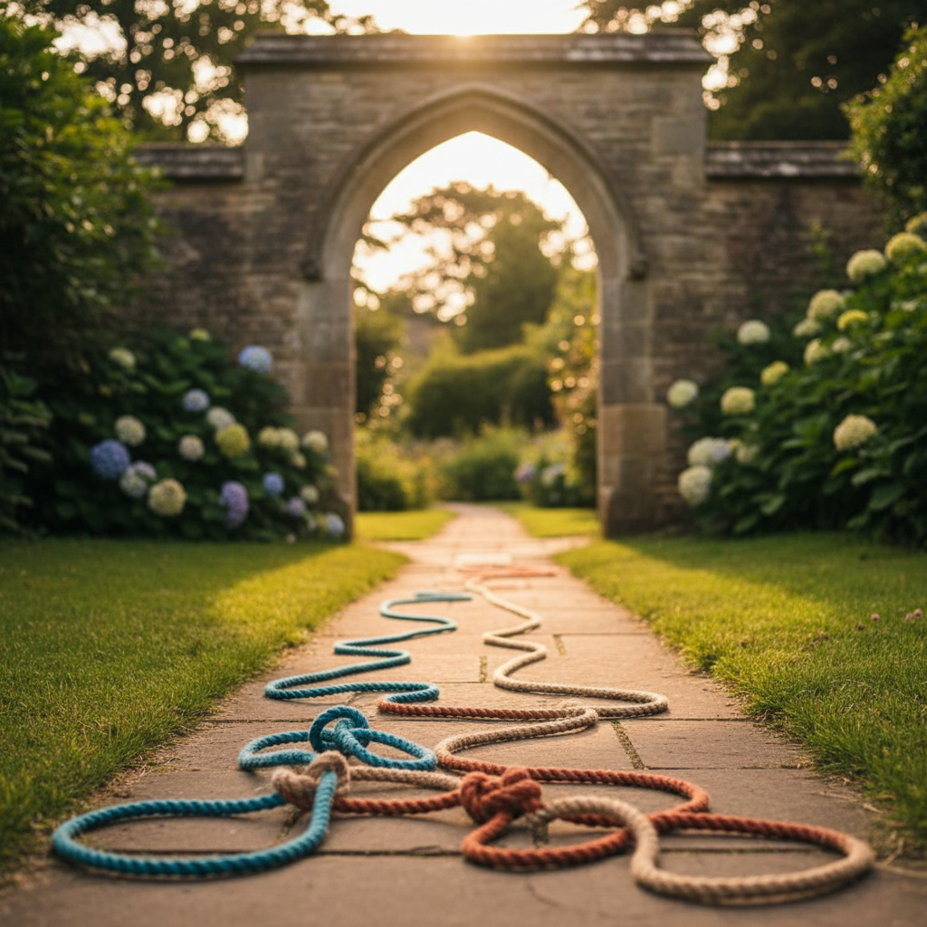 Coloured ropes lie on a garden path leading to a sunlit stone archway and lush hydrangeas.