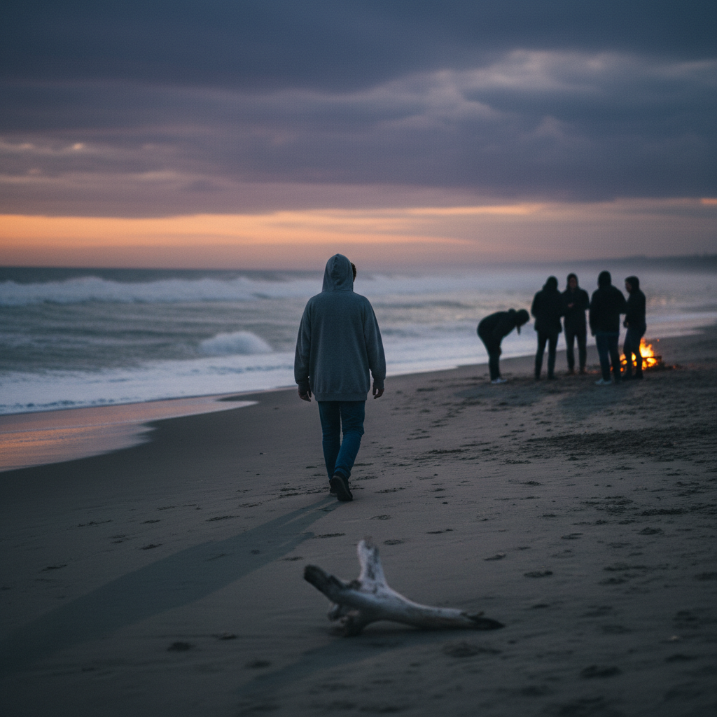 Person in hoodie walking towards group around bonfire on beach at dusk.