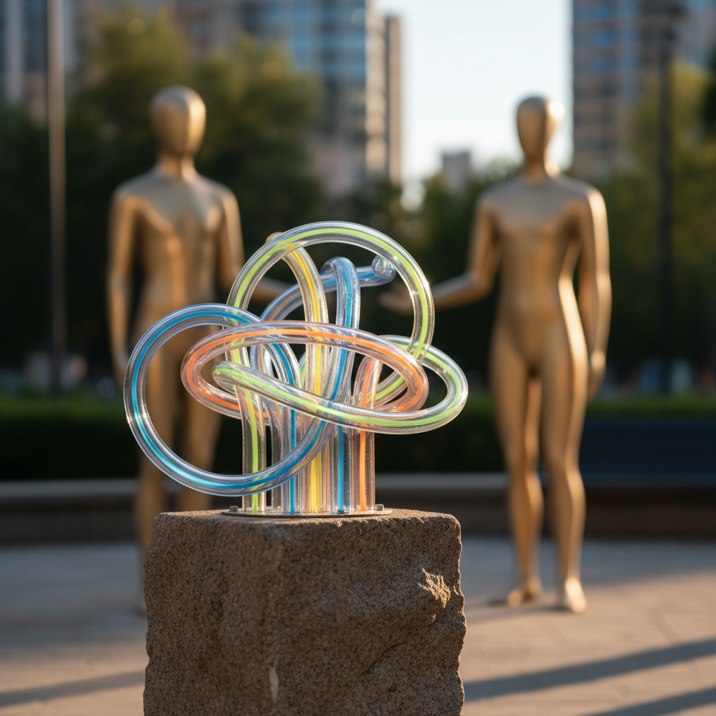 A colourful abstract sculpture of intertwining tubes on a stone plinth, with two bronze statues behind.