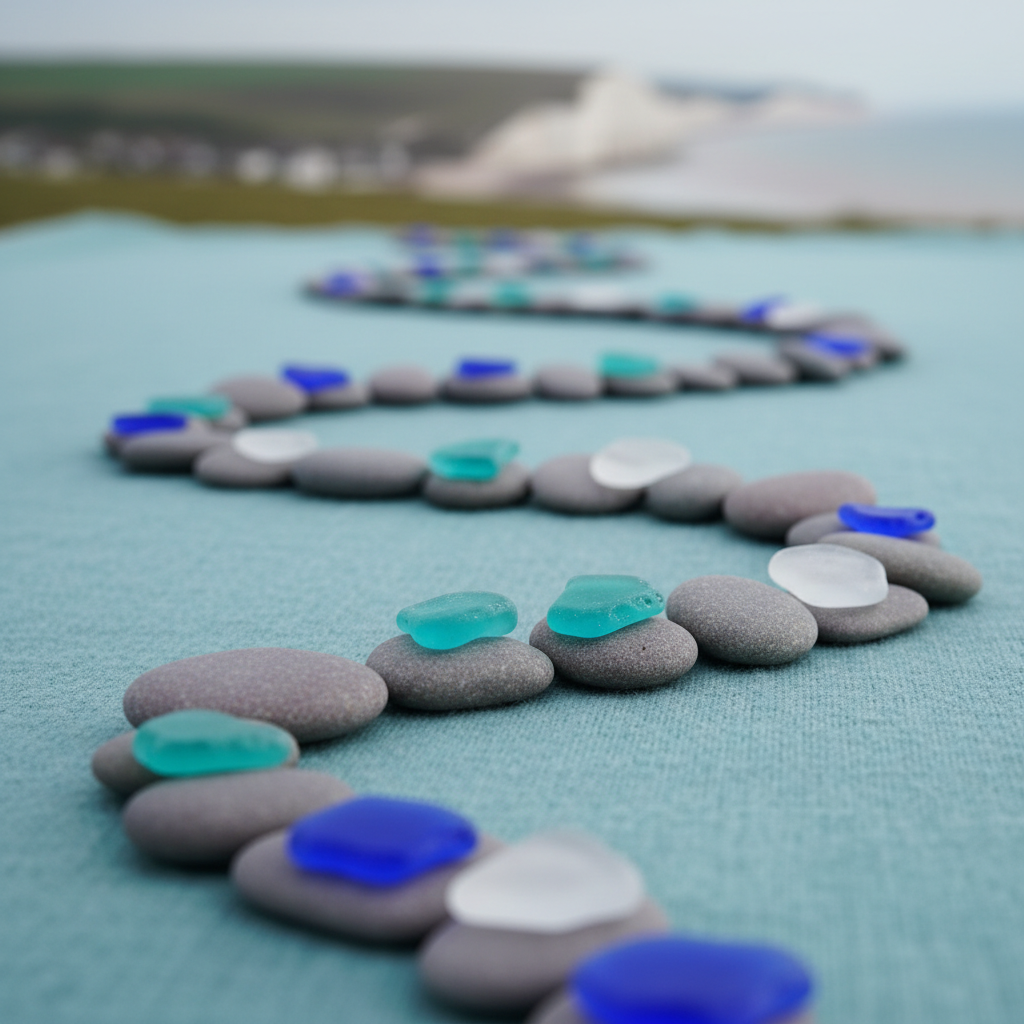 Winding path of grey pebbles topped with blue, turquoise, and white sea glass.