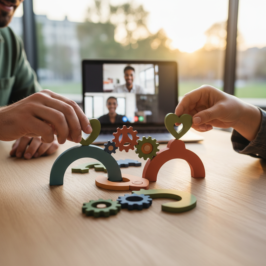 Hands placing heart-shaped wooden pieces on abstract figures during a video call meeting.