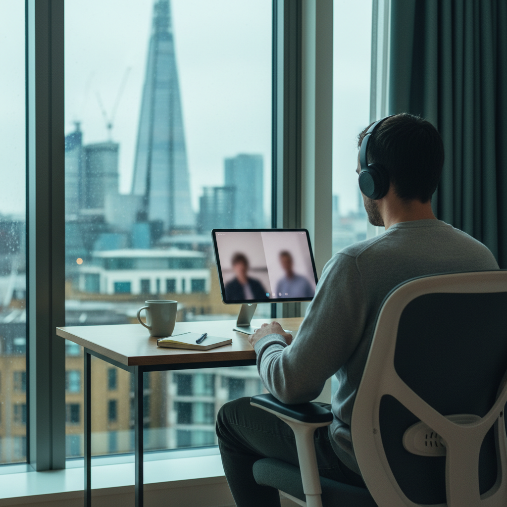 Man in headphones on video call at desk, city skyline with The Shard visible.