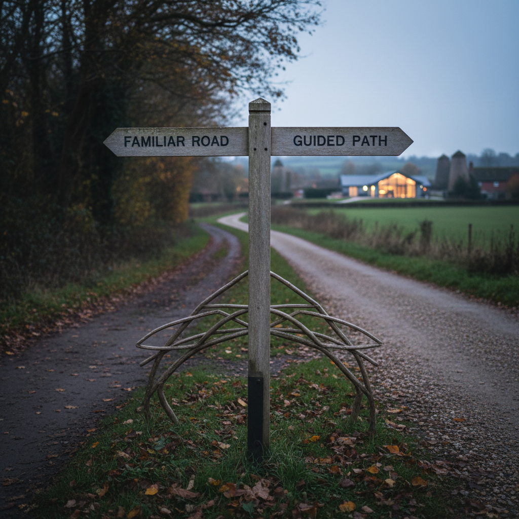 Wooden signpost pointing to "Familiar Road" and "Guided Path" at a fork in a rural road.