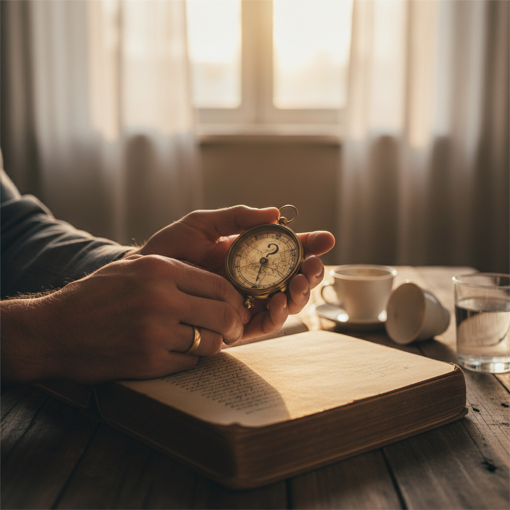 Hands holding an antique clock with a question mark face over an old book.