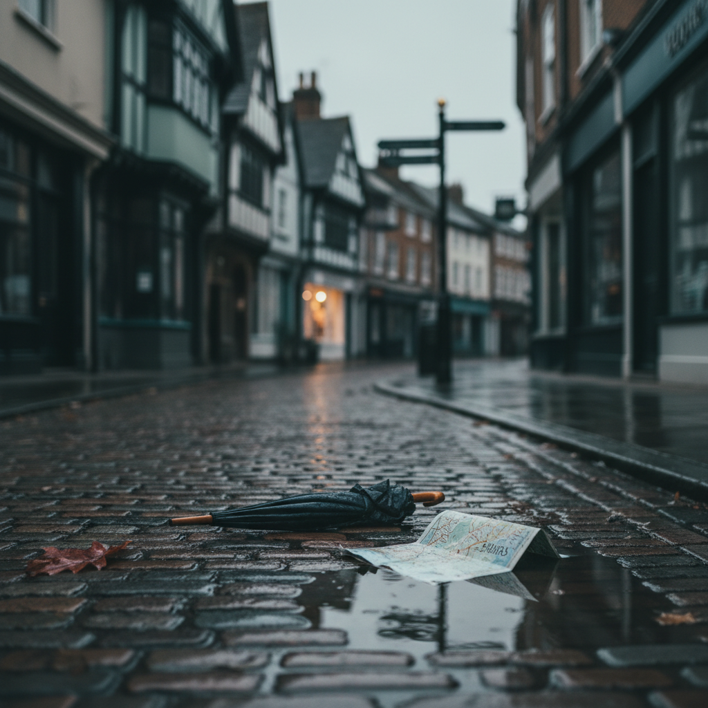 Lost umbrella and map on wet cobblestone street with old buildings in background.
