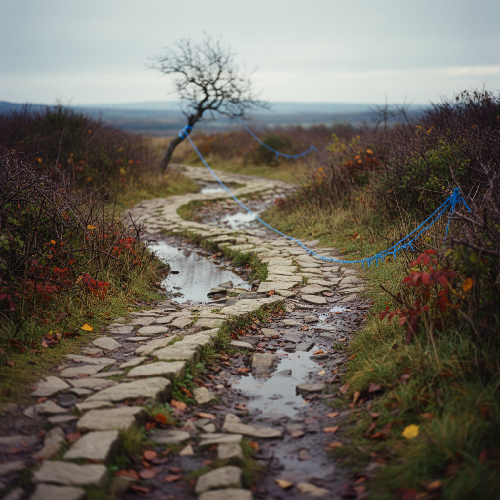 Winding cobbled path with puddles, autumn foliage, and a bare tree under a cloudy sky.