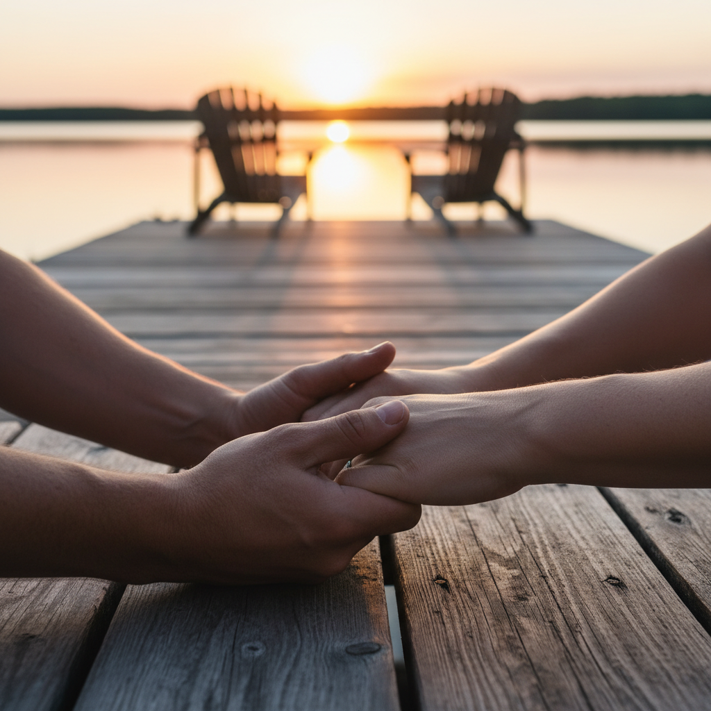 Close-up of a couple holding hands on a wooden dock at sunset.