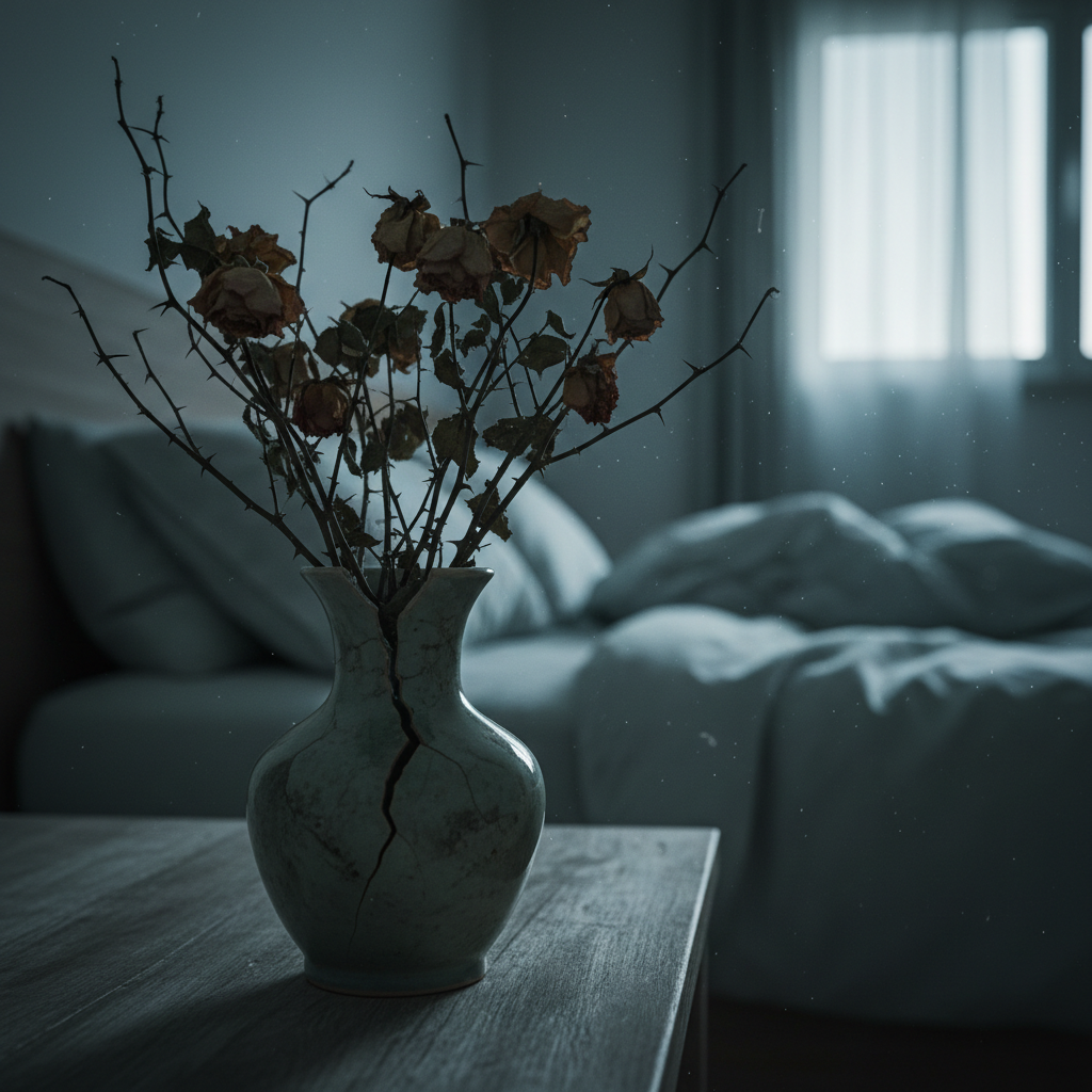 Dry roses in a cracked vase on a table by a bed with a window.