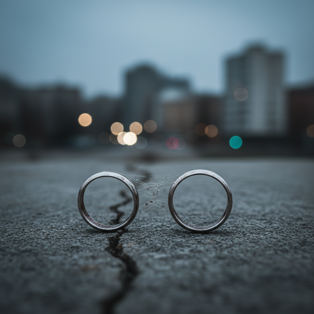 Two silver rings connected by a spider's web on cracked asphalt against a blurred city background.