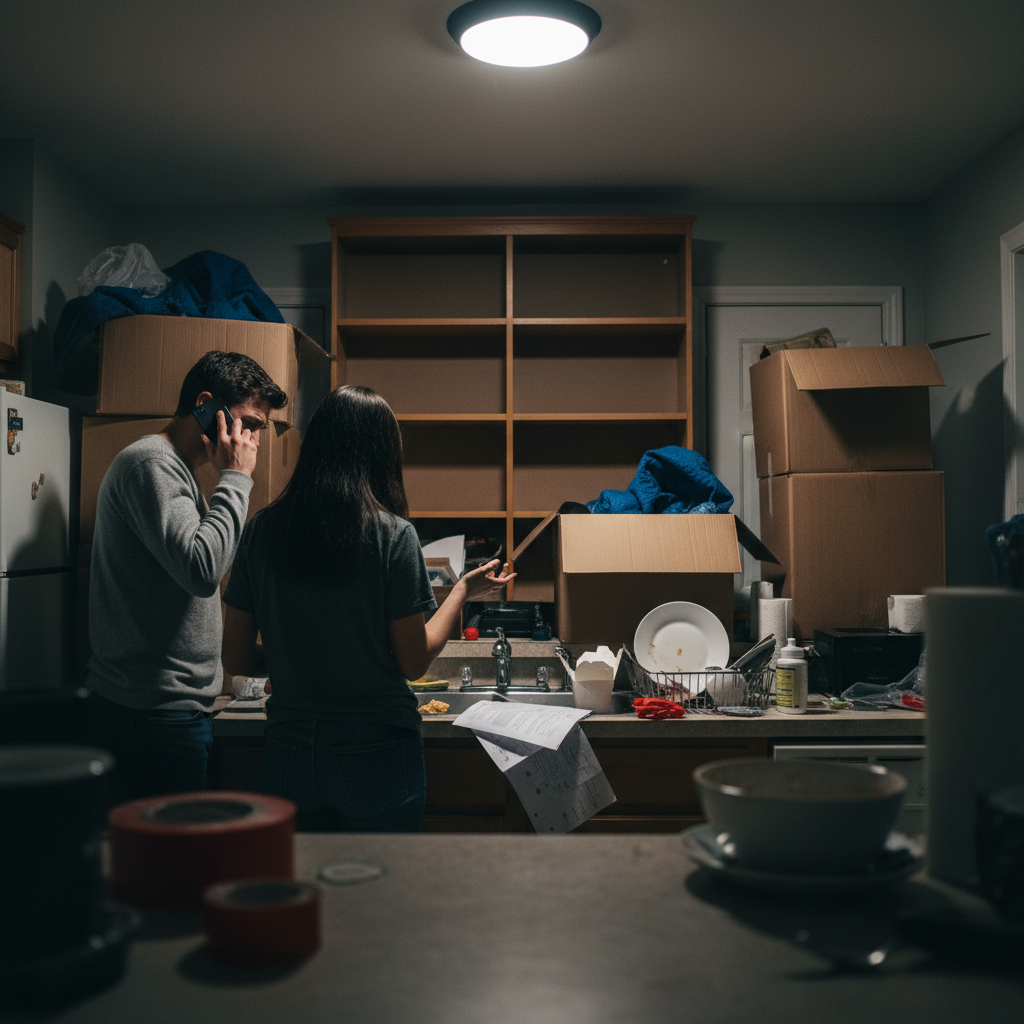 Two people surrounded by cardboard boxes in a messy kitchen during a house move.