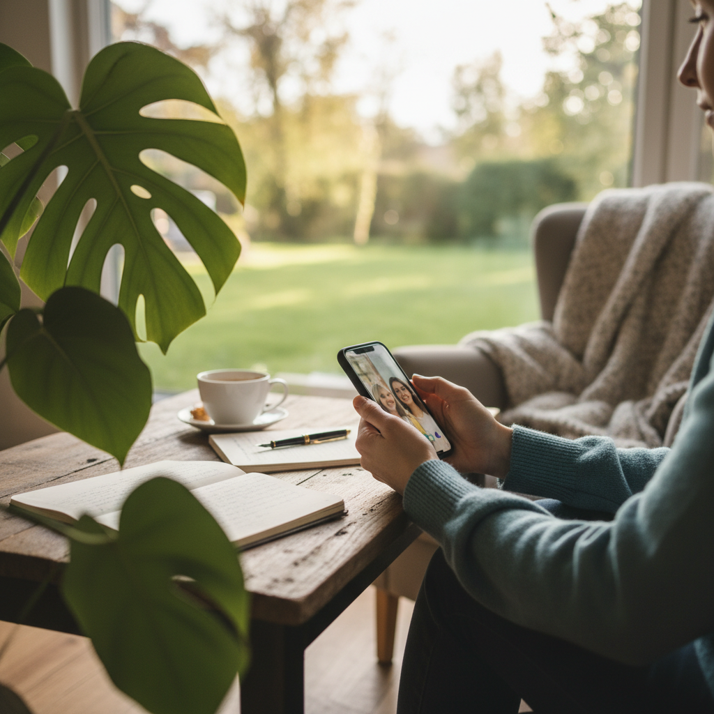 Person holding a phone with a video call, coffee, and open book on a wooden table.