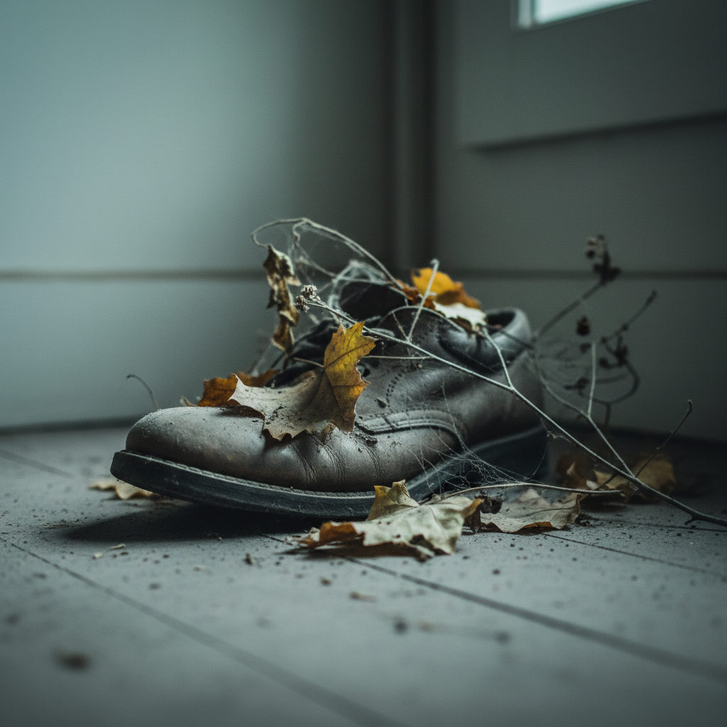 Old, dusty brown shoe covered with dry leaves, cobwebs, and dirt on a wooden floor.