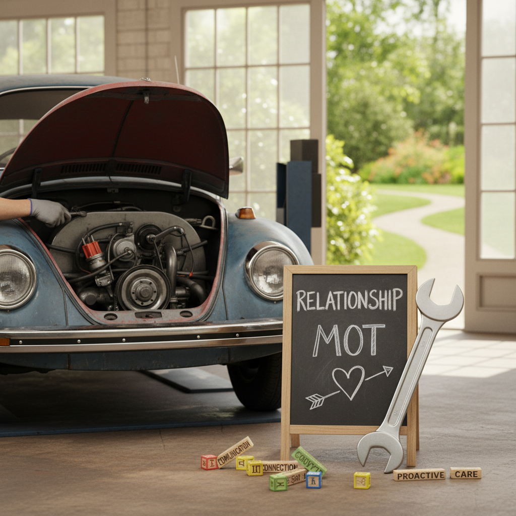 Blue vintage car being repaired with "Relationship MOT" sign and building blocks.