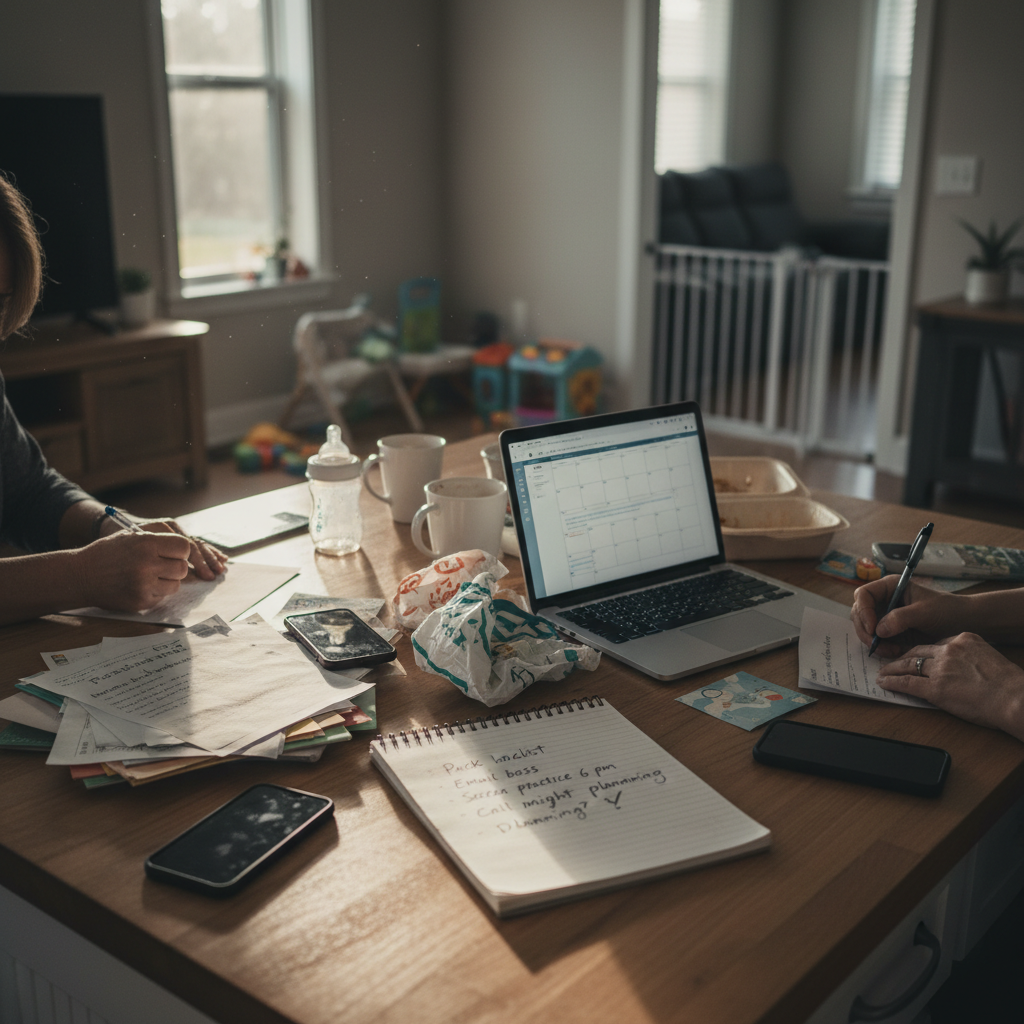 People working at a cluttered table with laptops and documents, in a sunlit room.