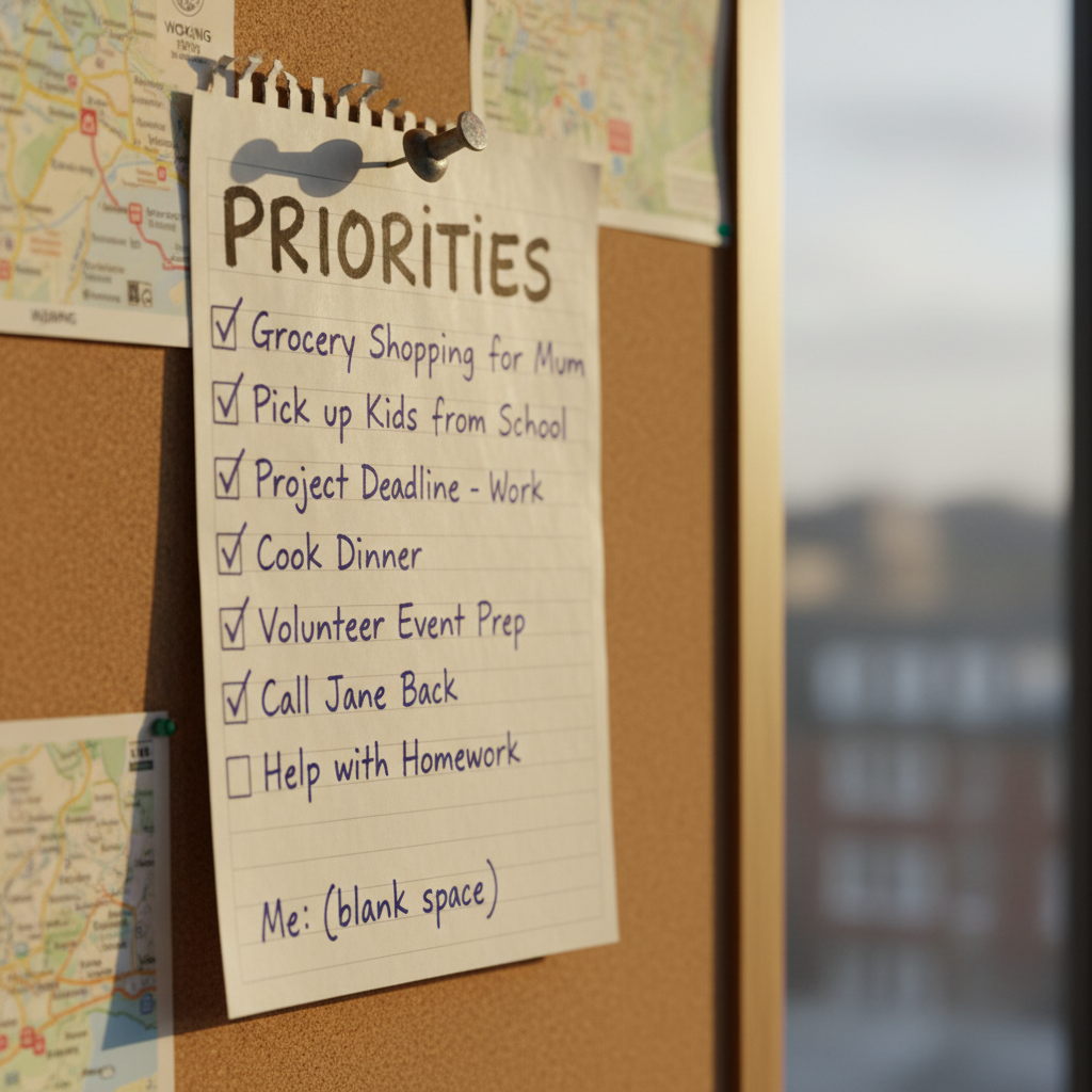 Priorities list on paper pinned to a cork board, with most tasks checked off.