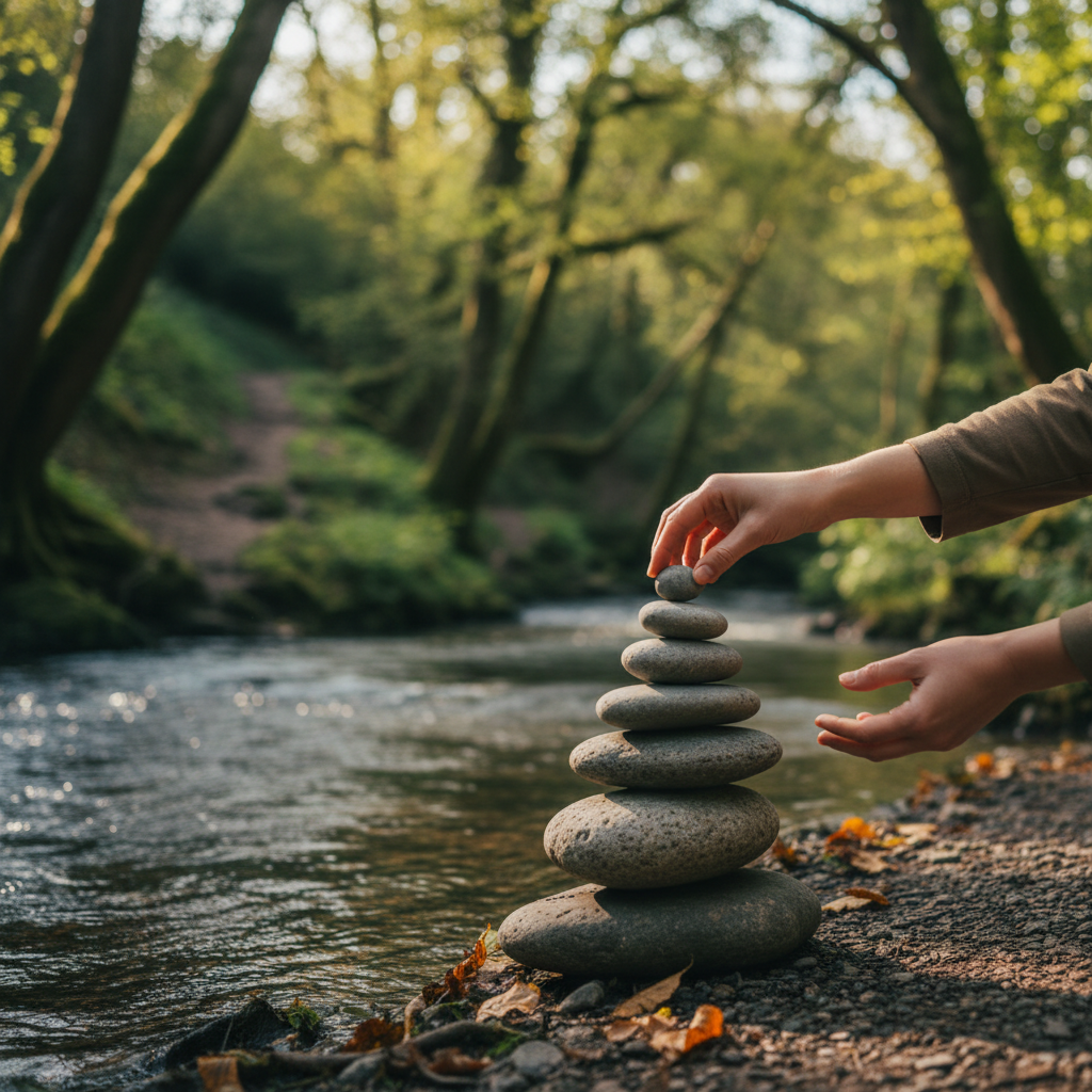 Hands carefully stack a stone cairn beside a flowing stream in a sunlit forest.
