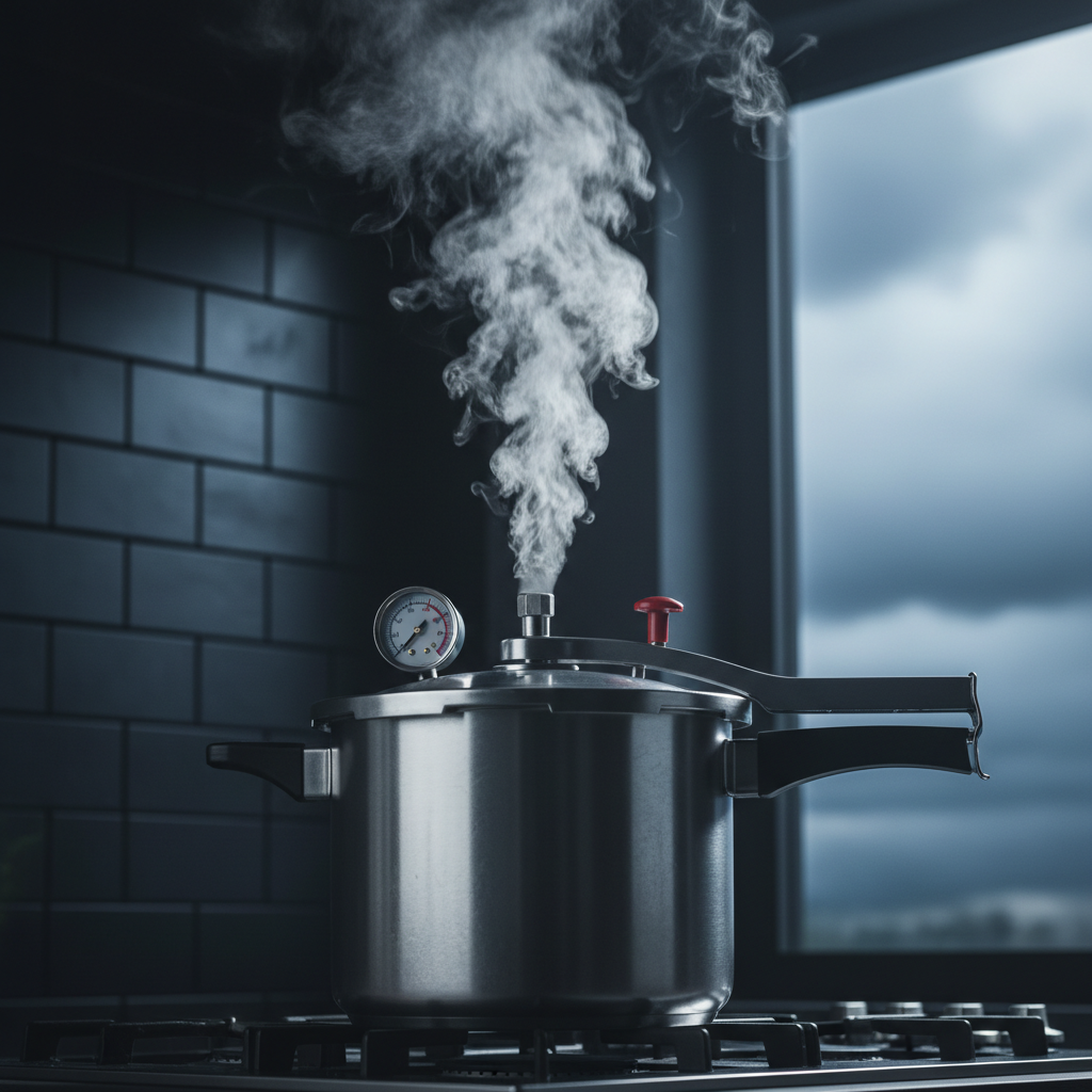 Stainless steel pressure cooker on hob releasing large plume of steam in a kitchen.