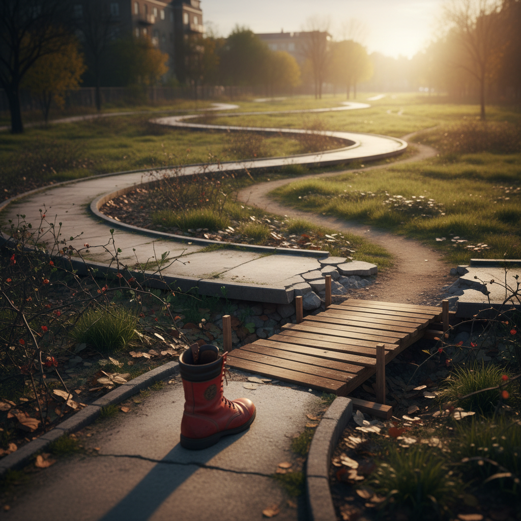 Red boot on winding path next to small bridge in a park at sunset.