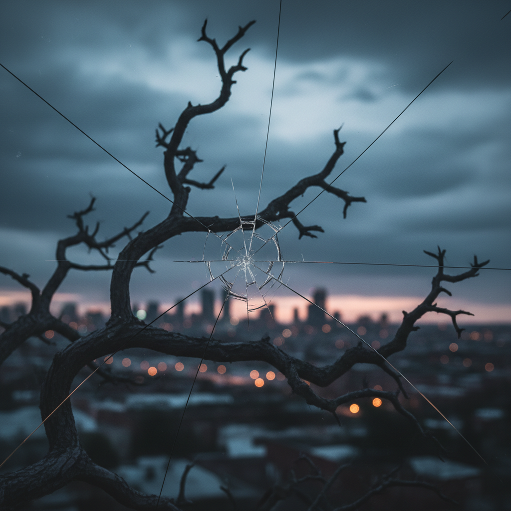 Cracked glass with barren tree branches and a city skyline at dusk in the background.
