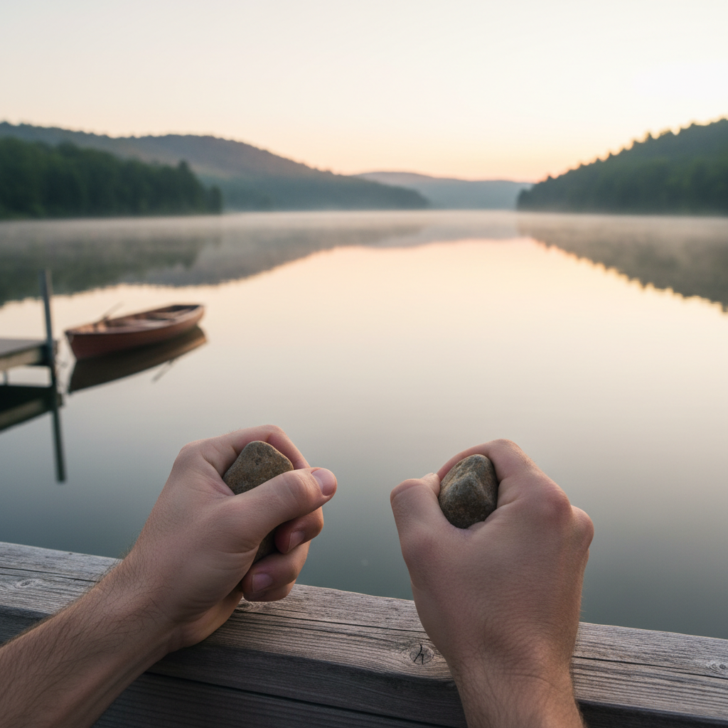 Hands gripping rocks on a wooden railing overlook a misty lake at sunrise with a boat.