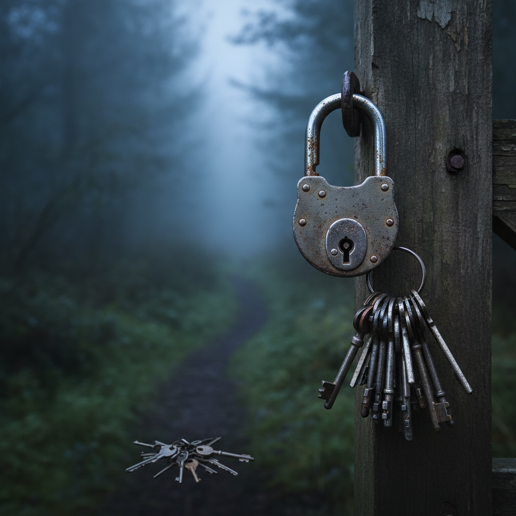 Old rusty padlock with a large bunch of keys hanging on a wooden post in a misty forest.